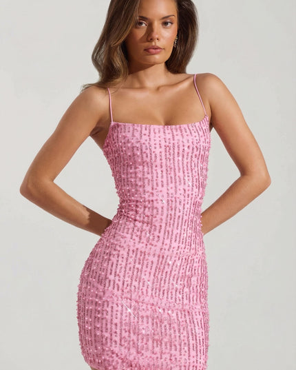 Pink Embellished Scoop-Neck Bodycon Mini Dress