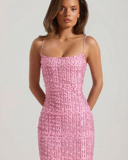 Pink Embellished Scoop-Neck Bodycon Mini Dress