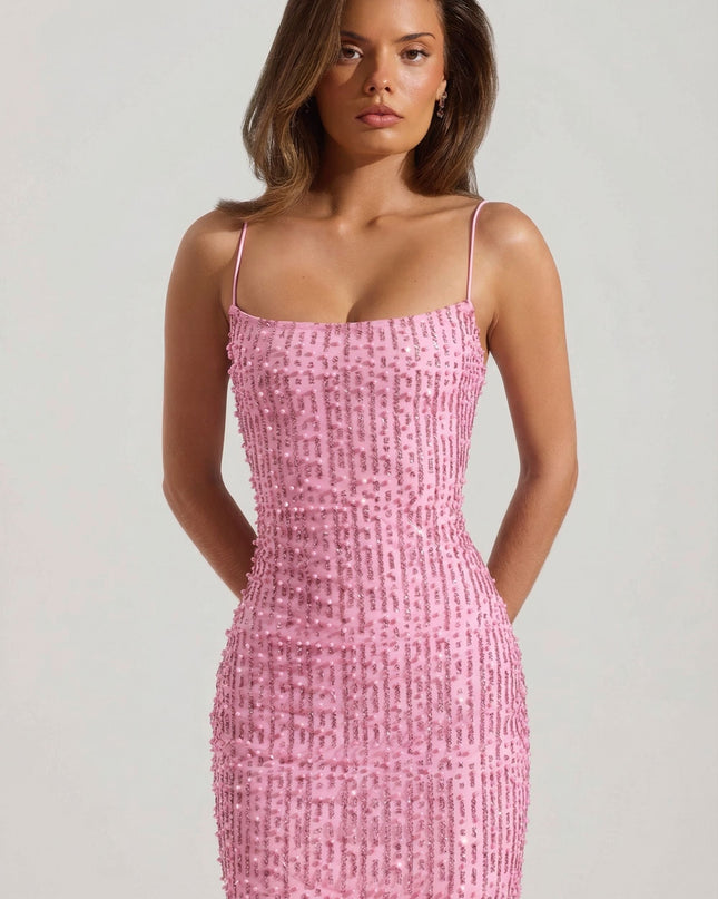 Pink Embellished Scoop-Neck Bodycon Mini Dress