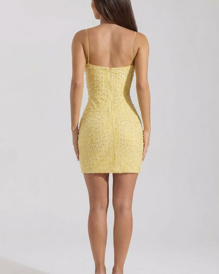 Yellow Embellished Scoop-Neck Bodycon Mini Dress