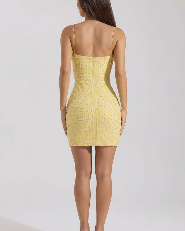 Yellow Embellished Scoop-Neck Bodycon Mini Dress
