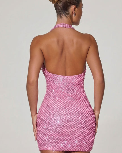 Pink Embellished Heart-Detail Cowl-Neck Mini Dress