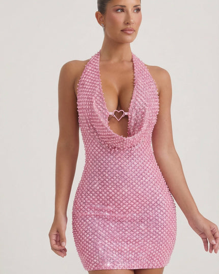 Pink Embellished Heart-Detail Cowl-Neck Mini Dress