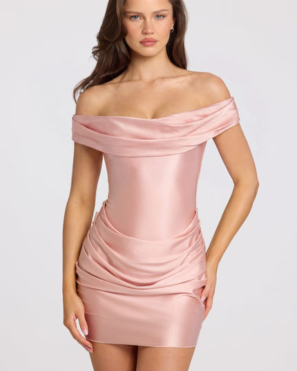 Blush Pink Satin Off-Shoulder Draped Mini Dress