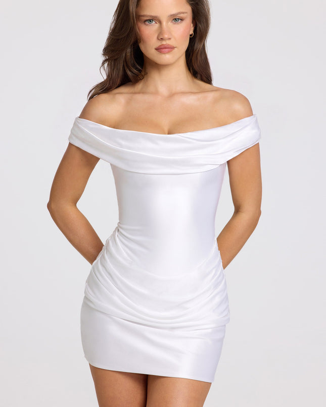 White Satin Off-Shoulder Draped Mini Dress