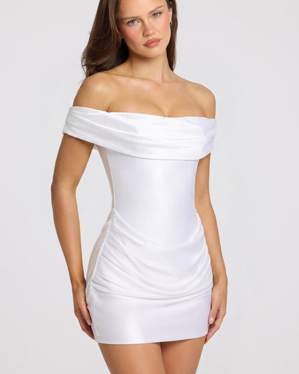 White Satin Off-Shoulder Draped Mini Dress
