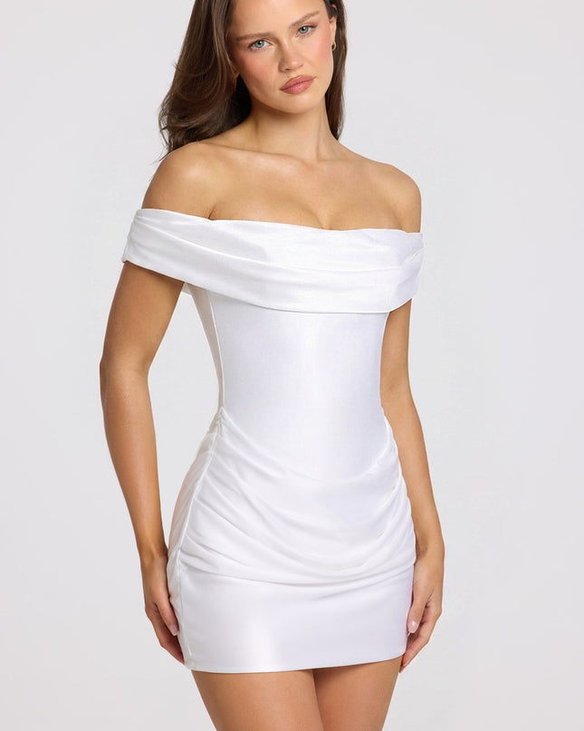 White Satin Off-Shoulder Draped Mini Dress