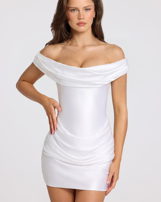 White Satin Off-Shoulder Draped Mini Dress