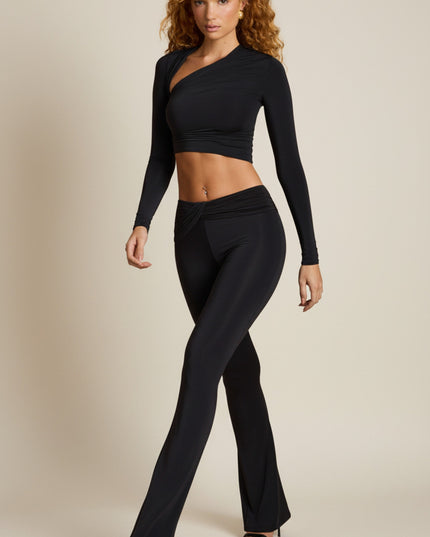 Black Asymmetric Draped Mid-Rise Flared Trousers