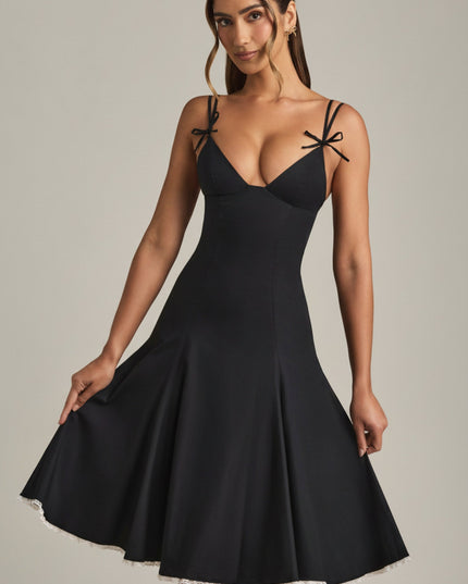 Black Bow-Detail A-Line Midi Dress