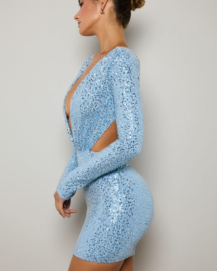 Light Blue Embellished Cut-Out Mini Dress