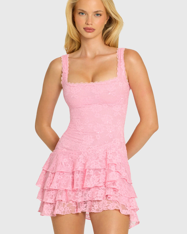 Blossom Sequin Lace Ruffle Mini Dress