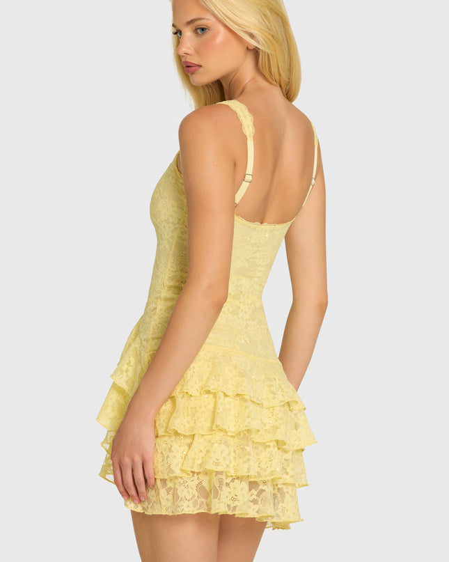 Butter Sequin Lace Ruffle Mini Dress