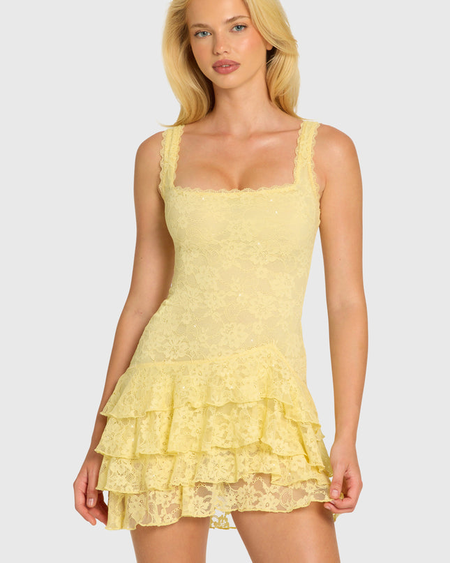 Butter Sequin Lace Ruffle Mini Dress