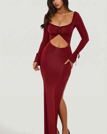 Berry Red Ruffle-Trim Cut-Out Maxi Dress