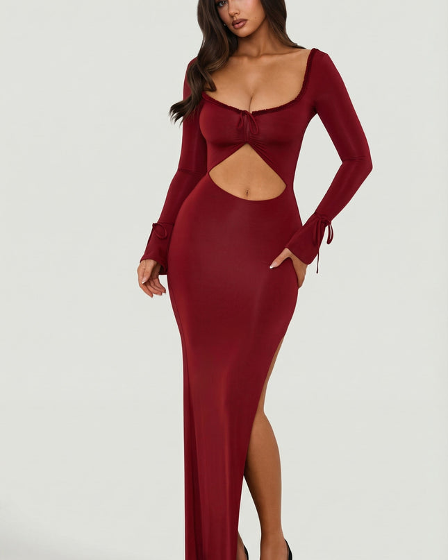 Berry Red Ruffle-Trim Cut-Out Maxi Dress