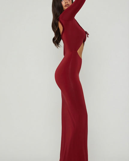 Berry Red Ruffle-Trim Cut-Out Maxi Dress
