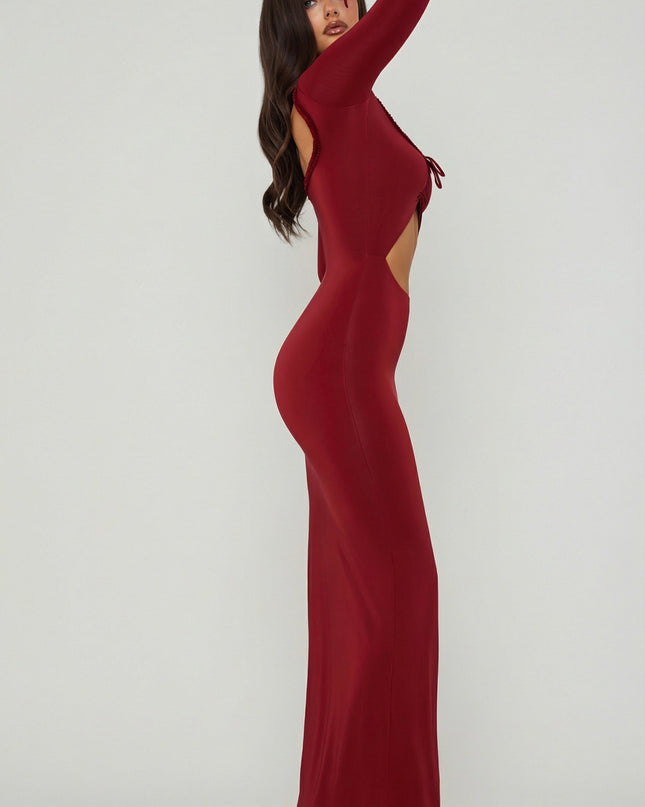 Berry Red Ruffle-Trim Cut-Out Maxi Dress
