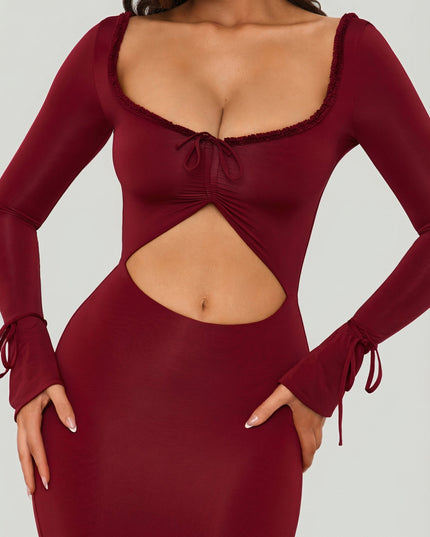 Berry Red Ruffle-Trim Cut-Out Maxi Dress