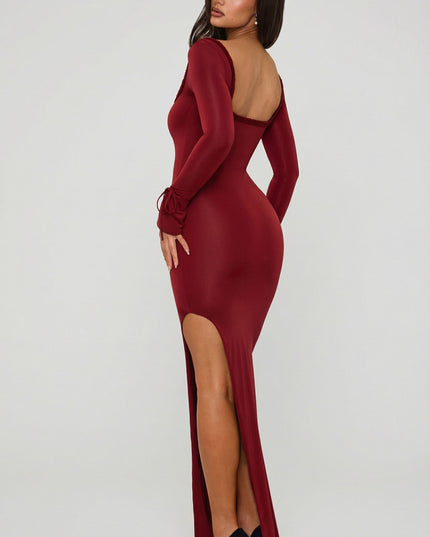 Berry Red Ruffle-Trim Cut-Out Maxi Dress