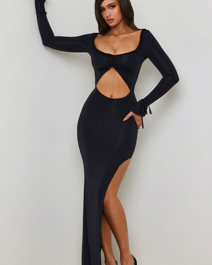 Black Ruffle-Trim Cut-Out Maxi Dress