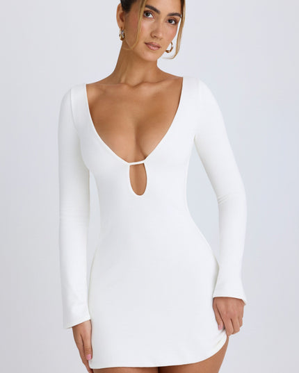 White Cut-Out Long-Sleeve Mini Dress