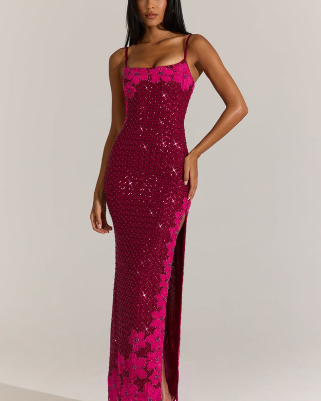 Cranberry Embellished Square-Neck Maxi Dress