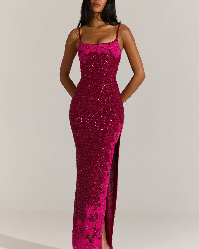 Cranberry Embellished Square-Neck Maxi Dress