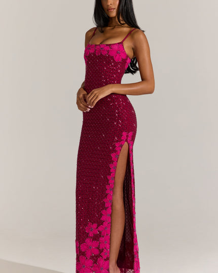 Cranberry Embellished Square-Neck Maxi Dress