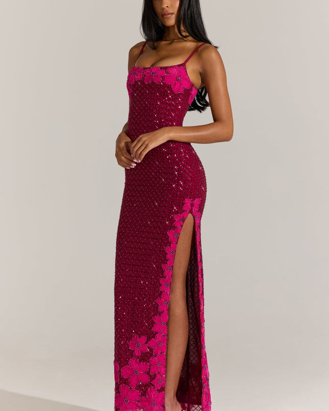 Cranberry Embellished Square-Neck Maxi Dress