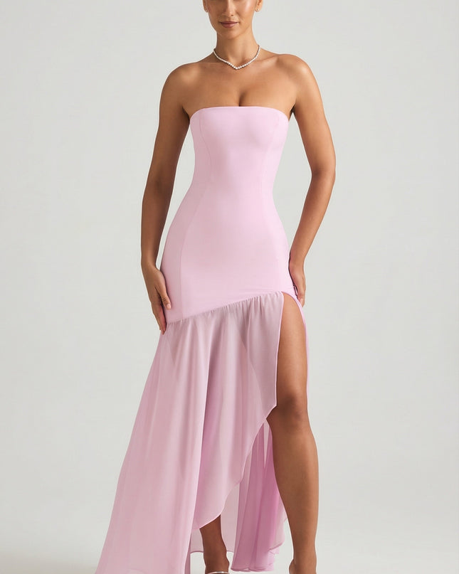 Soft Pink Asymmetric Strapless Fishtail Maxi Dress