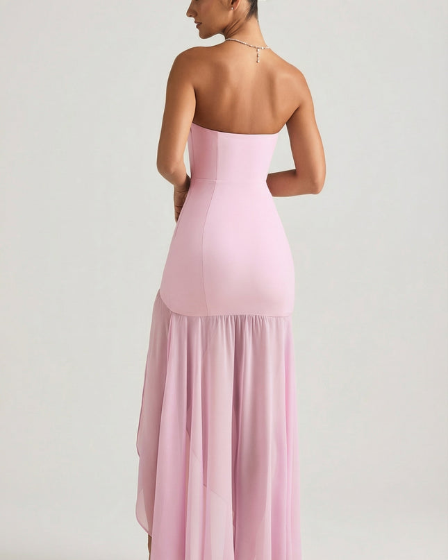 Soft Pink Asymmetric Strapless Fishtail Maxi Dress
