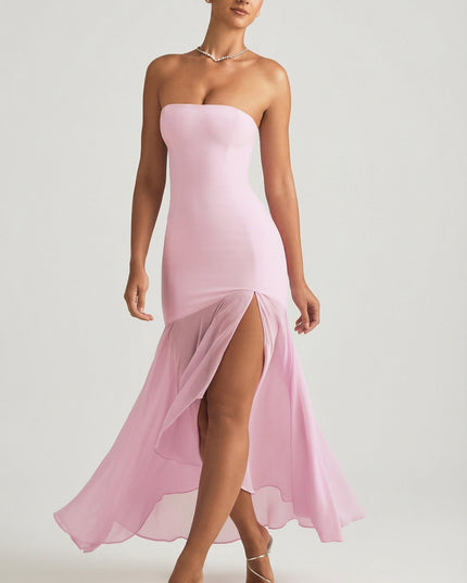 Soft Pink Asymmetric Strapless Fishtail Maxi Dress