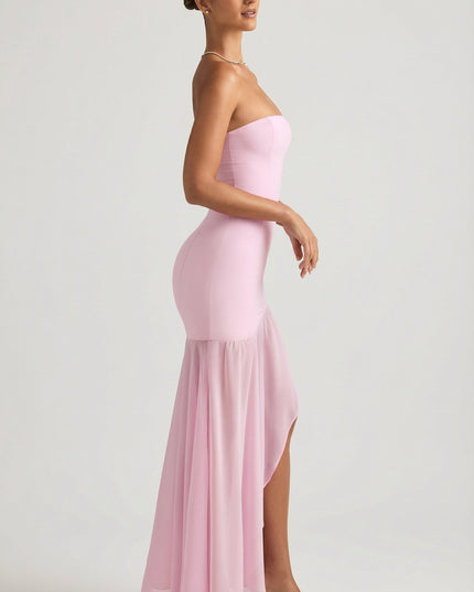 Soft Pink Asymmetric Strapless Fishtail Maxi Dress
