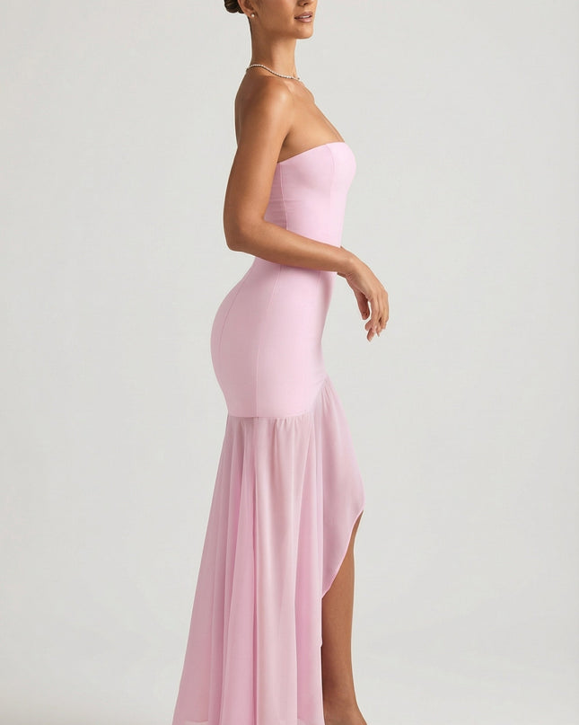 Soft Pink Asymmetric Strapless Fishtail Maxi Dress