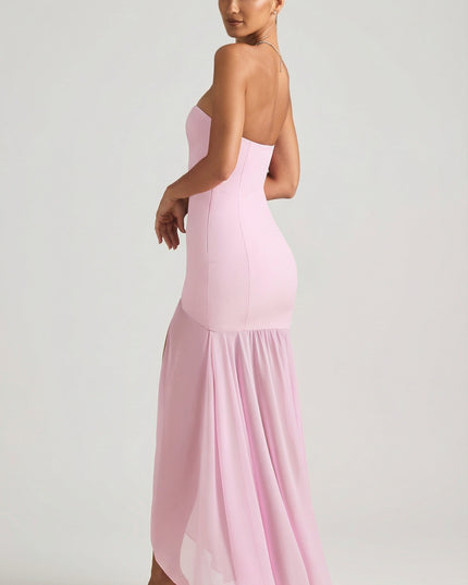 Soft Pink Asymmetric Strapless Fishtail Maxi Dress