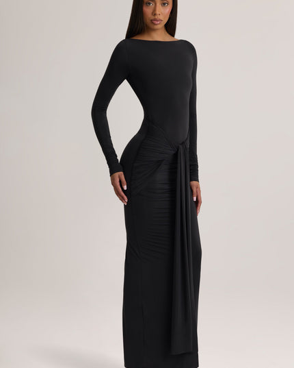 Black Soft Jersey Boat-Neck Tie-Gather Maxi Dress