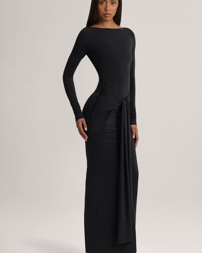 Black Soft Jersey Boat-Neck Tie-Gather Maxi Dress