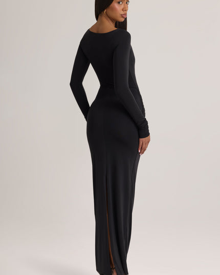 Black Soft Jersey Boat-Neck Tie-Gather Maxi Dress