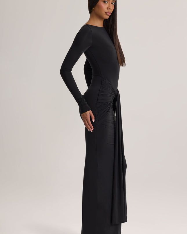 Black Soft Jersey Boat-Neck Tie-Gather Maxi Dress