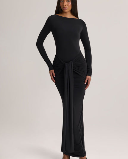 Black Soft Jersey Boat-Neck Tie-Gather Maxi Dress