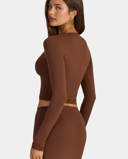 Cocoa Brown Modal Lace-Trim Cropped Cardigan
