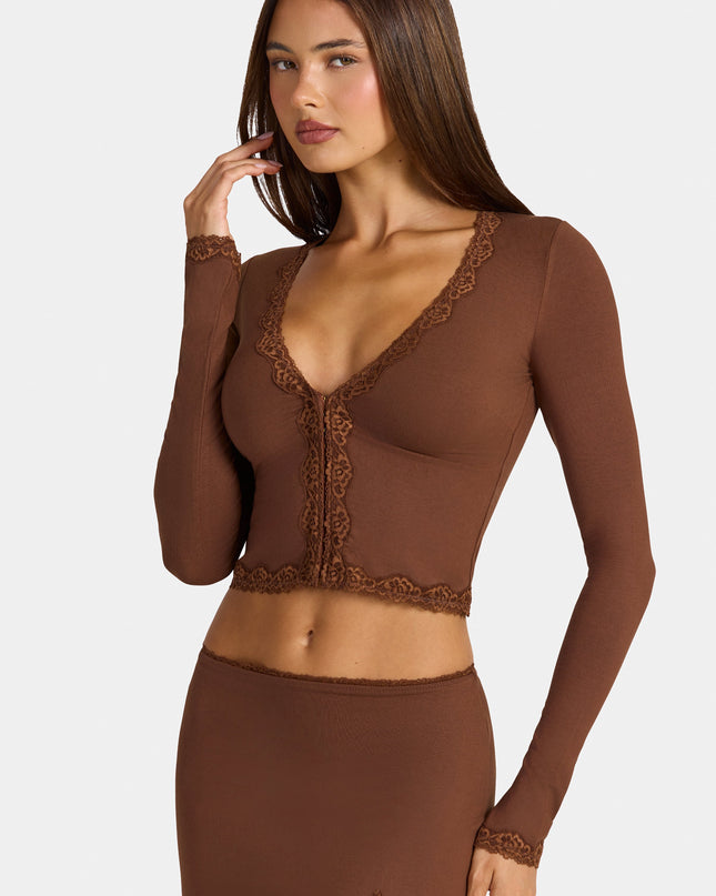 Cocoa Brown Modal Lace-Trim Cropped Cardigan