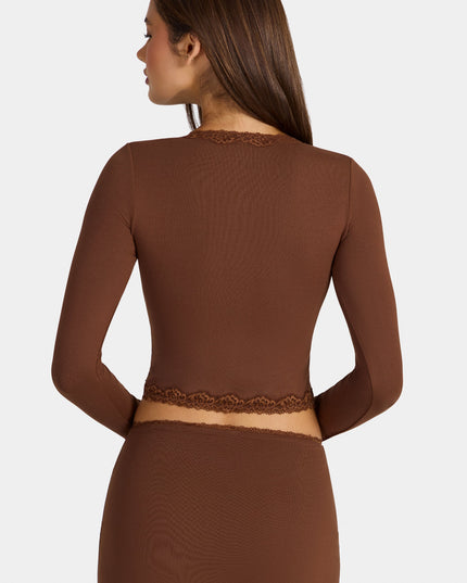 Cocoa Brown Modal Lace-Trim Cropped Cardigan