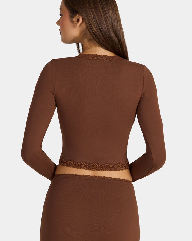 Cocoa Brown Modal Lace-Trim Cropped Cardigan