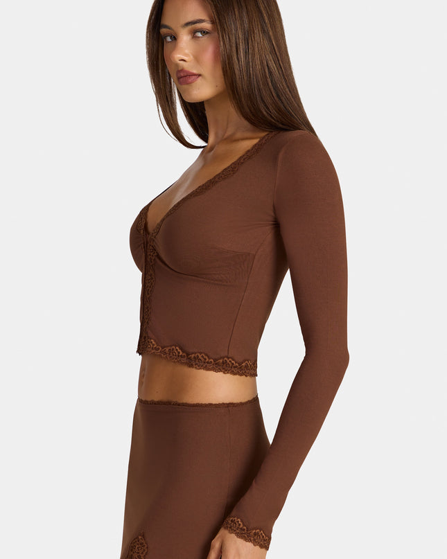 Cocoa Brown Modal Lace-Trim Cropped Cardigan
