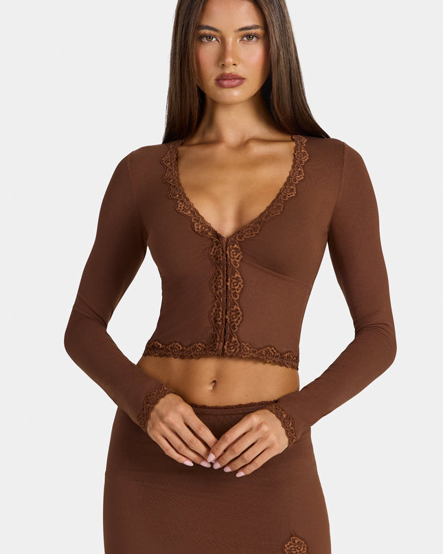 Cocoa Brown Modal Lace-Trim Cropped Cardigan