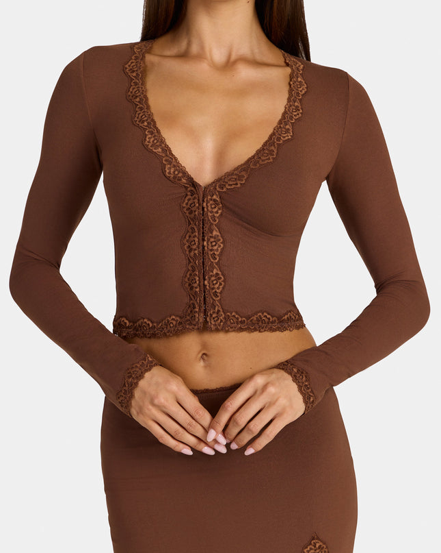 Cocoa Brown Modal Lace-Trim Cropped Cardigan
