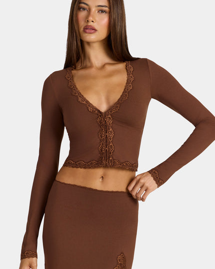 Cocoa Brown Modal Lace-Trim Cropped Cardigan