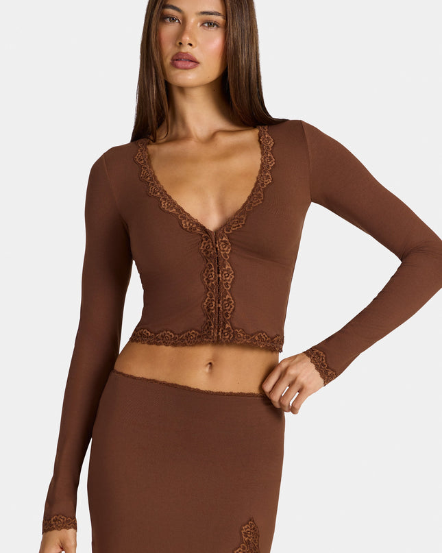 Cocoa Brown Modal Lace-Trim Cropped Cardigan